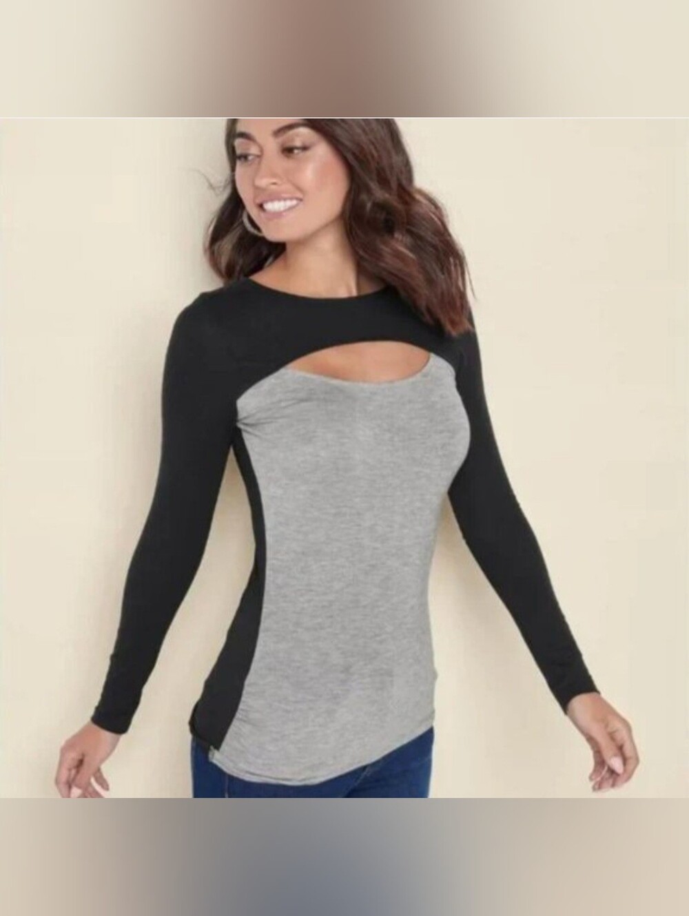 VENUS 2-for-1 Long-Sleeve Tops (Keyhole & Layered-Look) Black/Gray/White Size M